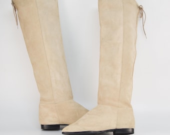 Vintage Beige Suede Knee Boots: Pointy Toe Pull On, Askel Finland (Size 5.5US)
