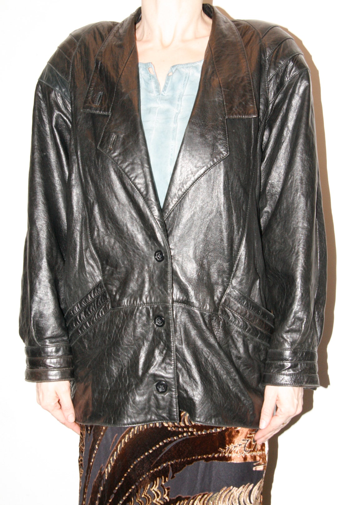 Vintage Black Leather 80s Jacket for Women / Batwing Coat Large