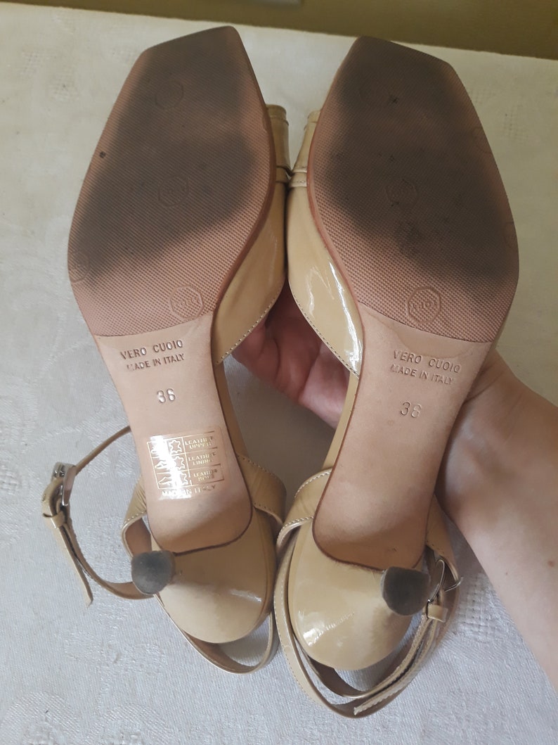 Vintage Beige Leather Kitten Heels - Square Toe Buckle Sandals (EU36/US6) image 9