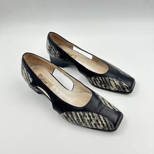Vintage Gabor Leather Pumps: Black & Gray Square Toe Heels, Size 9.5 US