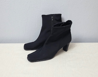 Vintage black textile y2k ankle boots / women heeled square toe footwear / size EU 41