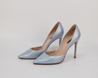 Vintage Leather D'Orsay Pumps: Silvery Blue Stiletto Heels, EU 39