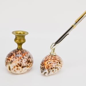 Peut inclure: Deux porte-stylos décoratifs en coquillages. Le porte-stylo de gauche est surmonté d'un bougeoir en laiton. Le porte-stylo de droite est doté d'un stylo argenté avec un sommet doré.