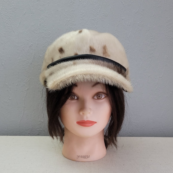 Vintage fur hat / women beige trapper with peak / unisex Winter Warm earflap cap large size