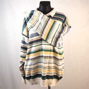 Vintage Striped Cotton Knit Sweater: Colorful Collared V-Neck, Men&#39;s XL