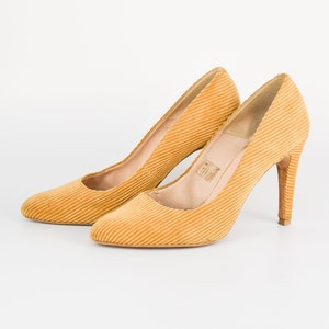 Vintage Corduroy Stiletto Pumps: Light Brown Canvas Heels, EU 42