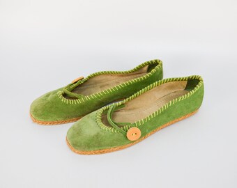 Vintage Suede Leather Flats in Light Green | Round Toe Low Heel Ballerina Slip On Buckle Shoes for Women | Size EU 38