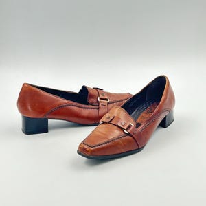 Vintage Brown Leather Heeled Loafers: Square Toe Buckle Pumps, UK5