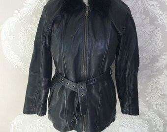 Vintage leather Spirit Aristomann jacket For Women / Black coat with waistband belt / size S small / Finnish winter clothing