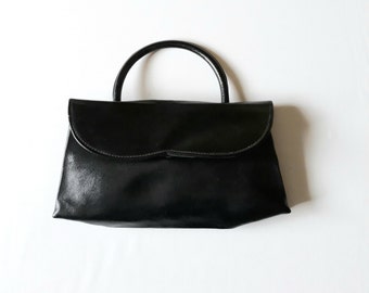 Vintage 70s black vegan leather handbag classic purse women Square retro grab bag with handle