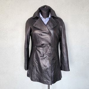 Vintage Black Leather Double-Breasted Coat - Women&#39;s L