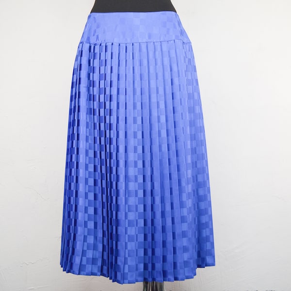 vintage Pleated Midi Skirt in Cobalt Blue | Plaid Buttoned Gown with Petticoat for Women | Size EU 40 | Ravens | Made in West Germany