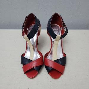 Vintage Mexx leren sandalen met hak: rode, blauwe schoenen met bandjes, EU 36