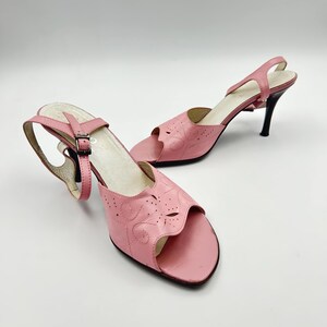 Scarpe da donna vintage in pelle rosa / sandali traforati con tacchi a spillo in legno, taglia 39EU 8US