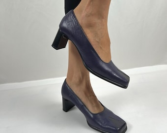 Vintage paarse leren pumps: Damesschoenen met vierkante neus en blokhak, maat 38EU 7US
