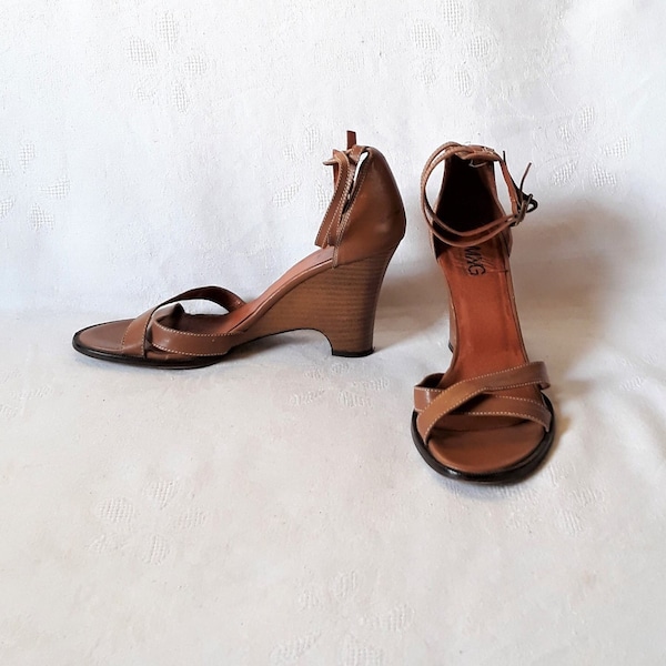 compensées en cuir marron vintage Chaussures femme sandales à bride cheville Taille 39 UE Fabriqué en Espagne