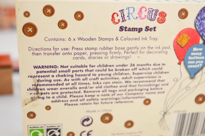 Vintage Children Toy Set of 6 Wooden Stamps and Colored Ink Tray the