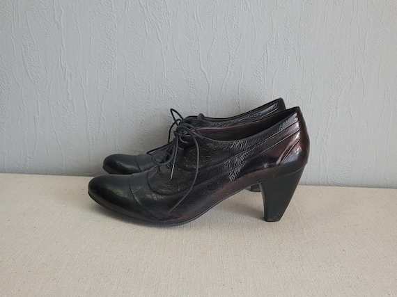 Vintage Patent Leather Oxford Shoes in Black Plain Toe High Cone Heel Lace up Shoes for Women Size EU 38 Lorenzo Etsy Canada