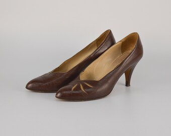 vintage tout en cuir (Marron choco) | Chaussures patchwork rétro à bout pointu et petit talon pour femme