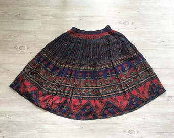 vintage pleated knee length skirt women floral german summer circle blue red skirt M size
