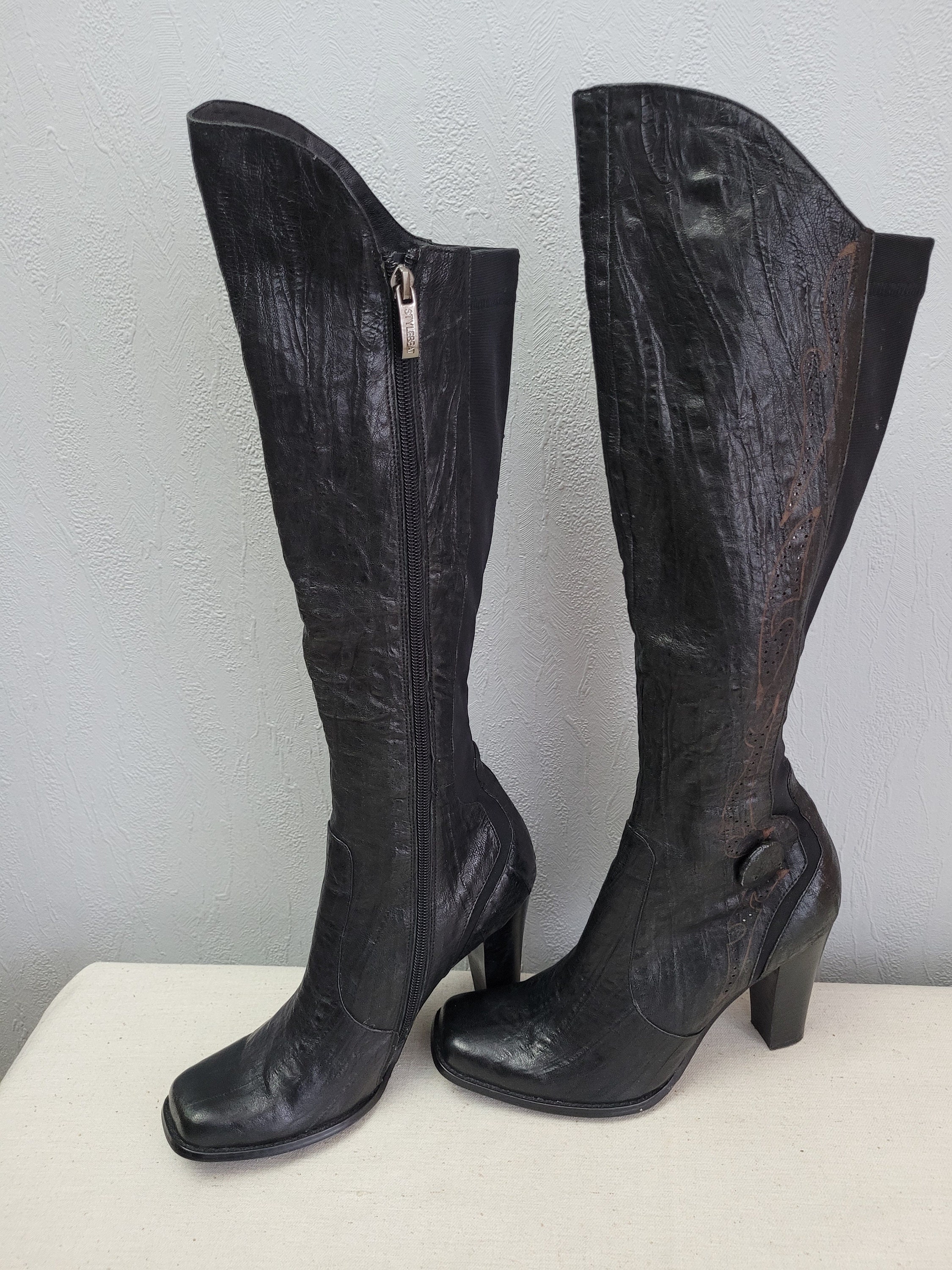 Vintage Black Leather Tall Boots: Embroidered Square Toe Heels (EU 36 / US 5.5-6)