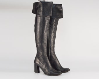 vintage leer met ritssluiting over de zwarte knielaarzen | Lange laarzen met vierkante neus en hoge hak voor dames | Maat EU38 | Enrico Del Gatto | Gemaakt in Italië