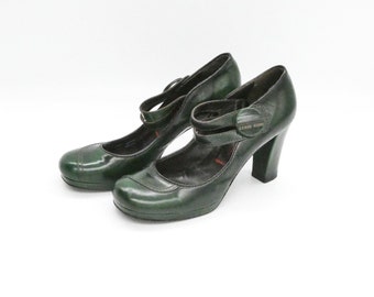 Vintage quality emerald green leather strappy pumps chunky high heel women shoes / EU 37 / Miss Sixty Made in Italy