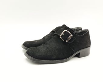 Vintage Suede Buckle Loafers: Czarne skórzane buty typu derby, rozmiar 42 EU