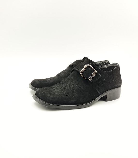 Vintage Suede Buckle Loafers: Black Leather Derby Shoes, Size 42 EU