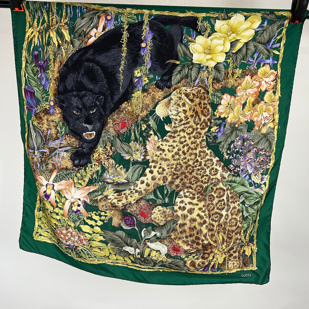 Rare Gucci Silk Scarf Cheetah and Puma Print Green Border From