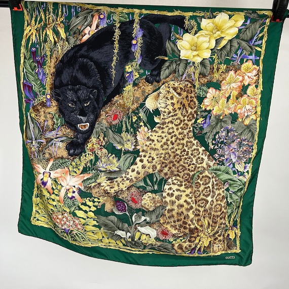 Rare Gucci Silk Scarf Cheetah and Puma Print Green Border