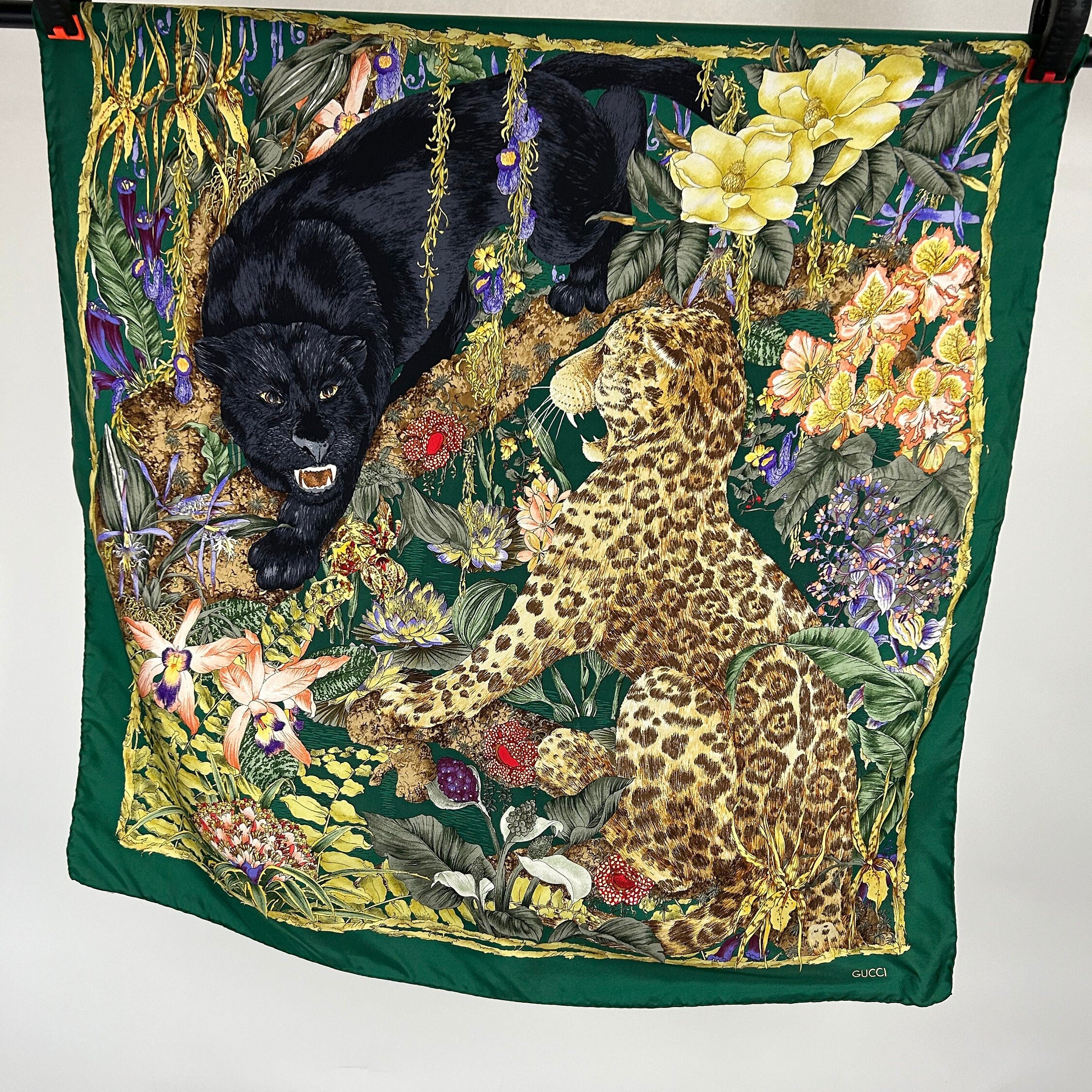 Rare Gucci Silk Scarf Cheetah and Puma Print Green Border From