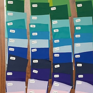 Könnte beinhalten: Eine Farbkarte mit 18 Reihen von Stoffmustern. Jede Reihe enthält vier Muster derselben Farbe, die mit dem Farbnamen beschriftet sind. Die Farben sind Rot, Orange, Goldgelb, Zitrone, Wiese, Gras, Wald, Gischt, Teal, Aqua, Babyblau, Royal, Marineblau, Lila, Lavendel, Babyrosa, Kaugummi, Koralle, Braun, Weiß, Hellgrau, Grau und Schwarz.