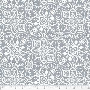 May include: A fabric with a repeating white floral pattern on a gray background. The design features stylized flowers, leaves, and geometric shapes. The pattern repeats every 12 inches.