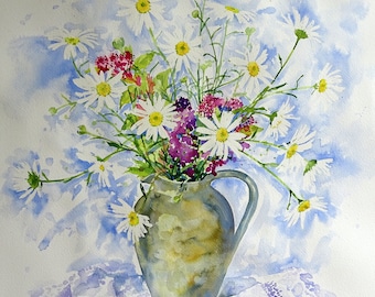 Daisies and lace. A3 limited edition  artist signed giclee print on archival paper.