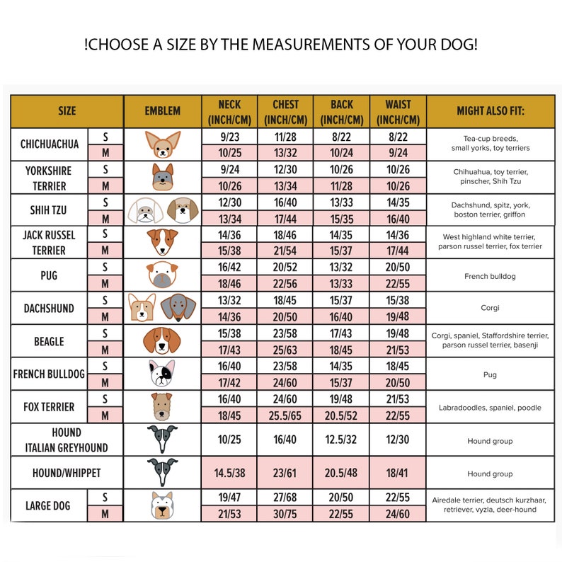 May include: A chart with a guide to choosing the right size dog harness based on neck, chest, back, and waist measurements in inches and centimeters. The chart includes different dog breeds, such as Chihuahua, Yorkshire Terrier, Shih Tzu, Jack Russel Terrier, Pug, Dachshund, Beagle, French Bulldog, Fox Terrier, Hound, Italian Greyhound, Hound/Whippet, and Large Dog. The chart also includes a list of dog breeds that might also fit each size.