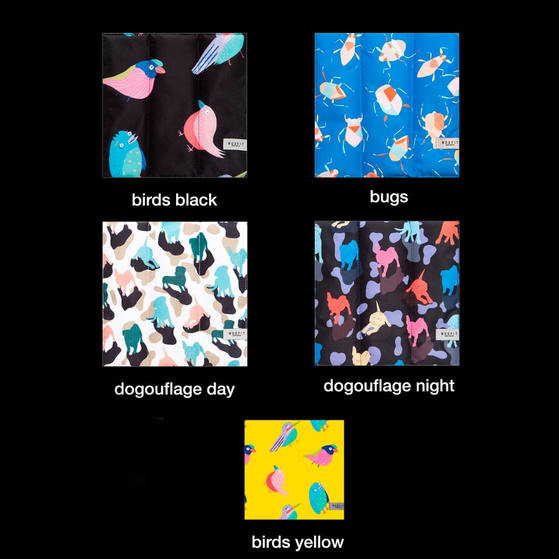 May include: Five different fabric swatches with various patterns. The swatches are labeled "birds black", "bugs", "dogouflage day", "dogouflage night", and "birds yellow".