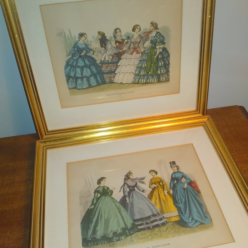 Antique Victorian Fashion Prints Framed Set of Two