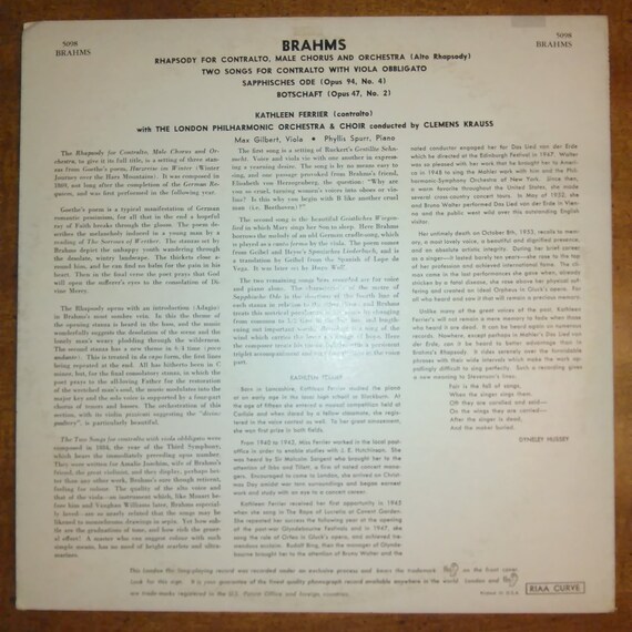 Kathleen Ferrier- Brahms 5098 Vinyl Record LP - Etsy