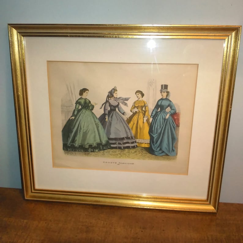 Antique Victorian Fashion Prints Framed Set of Two