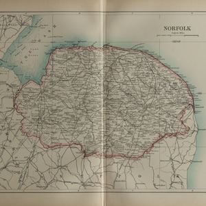 May include: A vintage map of Norfolk, England, with a scale in English miles. The map shows the county's roads, towns, and rivers. The county boundary is marked in red.