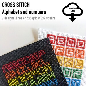 May include: A digital cross stitch pattern for an alphabet and numbers, featuring two designs: lines on a 5x5 grid and a 7x7 square. The image displays embroidered letters in red, orange, yellow, green, and blue on black and white fabric.
