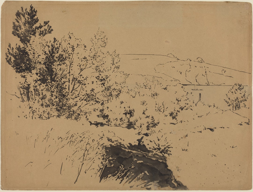 Vintage Drawing, Rustic Art, Landscape Art, Farmhouse Art, Wall Art - Etsy
