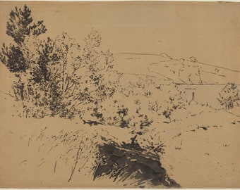 May include: A black and white ink drawing of a landscape with trees and a body of water in the distance.