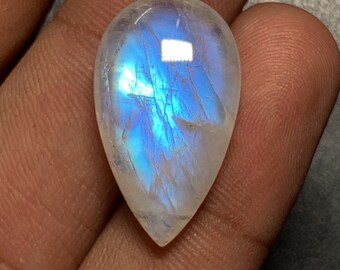 4A Quality Natural Blue Flashy Rainbow Moonstone, Pear Shape Briolette Cabochon Moonstone, 14x25 mm 21.4 ct, Side Drilled Gemstone.