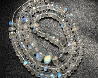 Superb!!!!! 5A Quality Blue Flashy Rainbow Moonstone Roundel Beads, Amazing Faceted Cut Beads Strands, Size 5.5 To 10 MM Approx, 137 Ct.