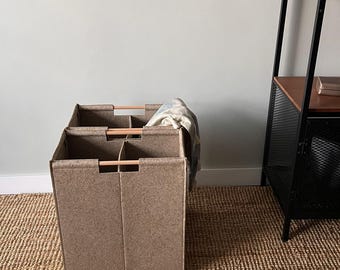 Closet Laundry Sorter | Set of 2 Felt Baskets with Divider and Wooden Handles