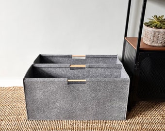 Wide Felt Storage Basket for Shelves | Custom Size Organizer with Wooden Handles