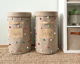 Personalized storage basket with lid. Kids laundry hamper