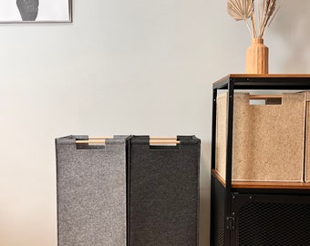 Square felt basket. Narrow laundry hamper with wooden handles